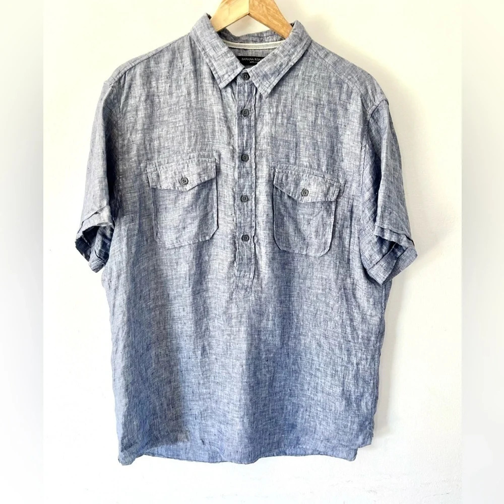Banana Republic 100% Linen Blue Camden Fit Collared Pullover Short Sleeve Large